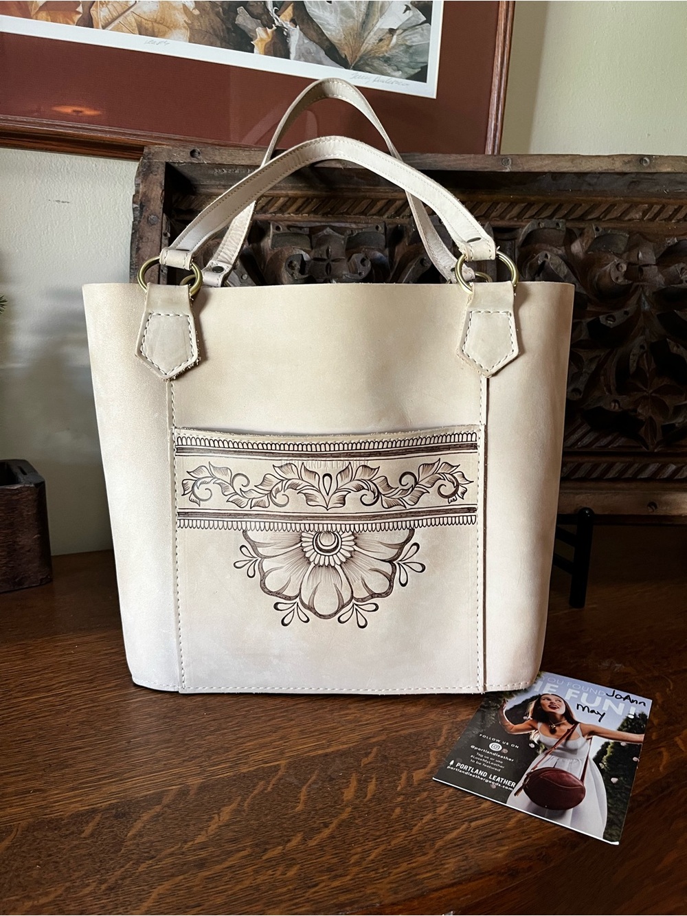 Portland Leather Dragon Bone Leather Market Tote with Unique Floral Modification